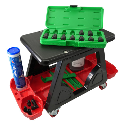 Стілець пластиковий багатофункціональний для детейлінга, полірувальників, механіків з полицями під пляшки та аксесуари на колесах