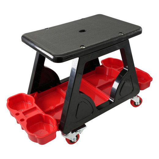 Стілець пластиковий багатофункціональний для детейлінга, полірувальників, механіків з полицями під пляшки та аксесуари на колесах